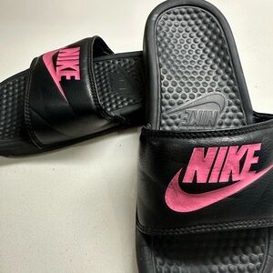 Nike Black Slides with Pink Logo